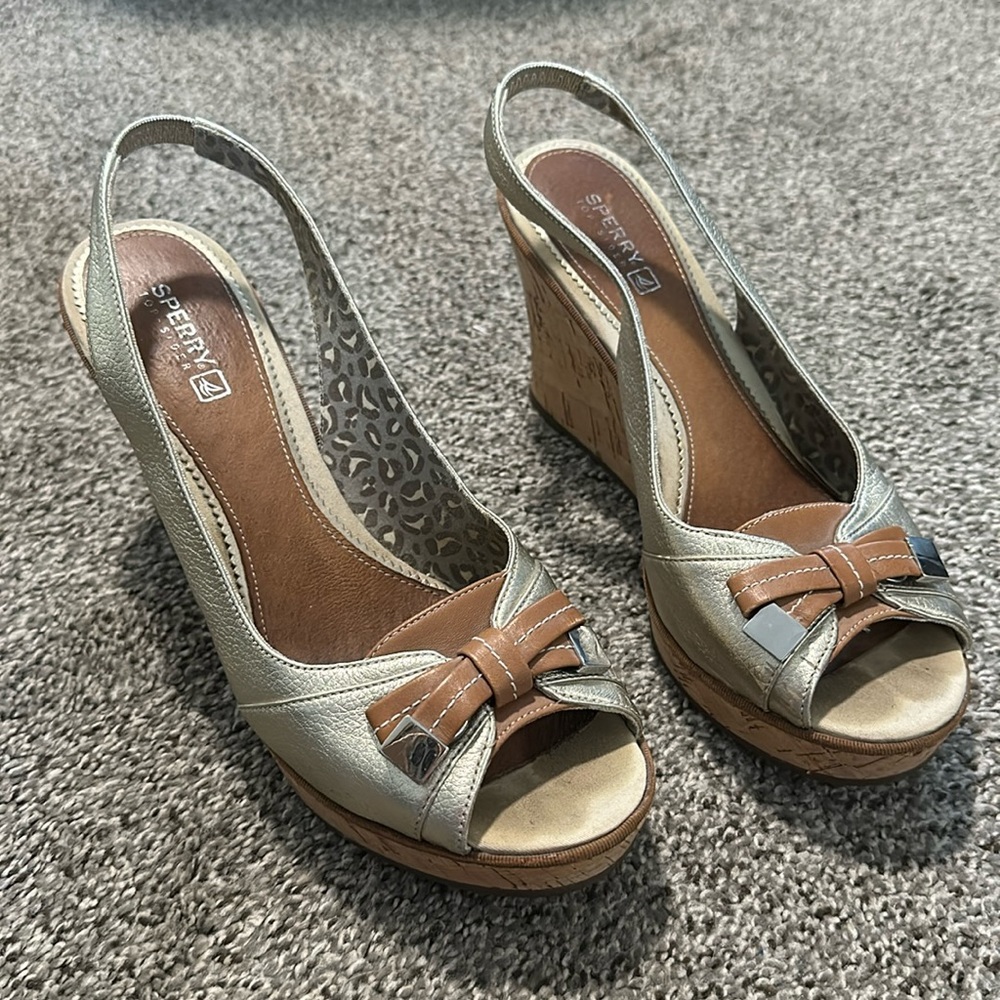 Sperry Metallic Gold Peep Toe Wedges
